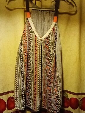 Women's Boho Striped Geometric Tank Dress - Coral & Black